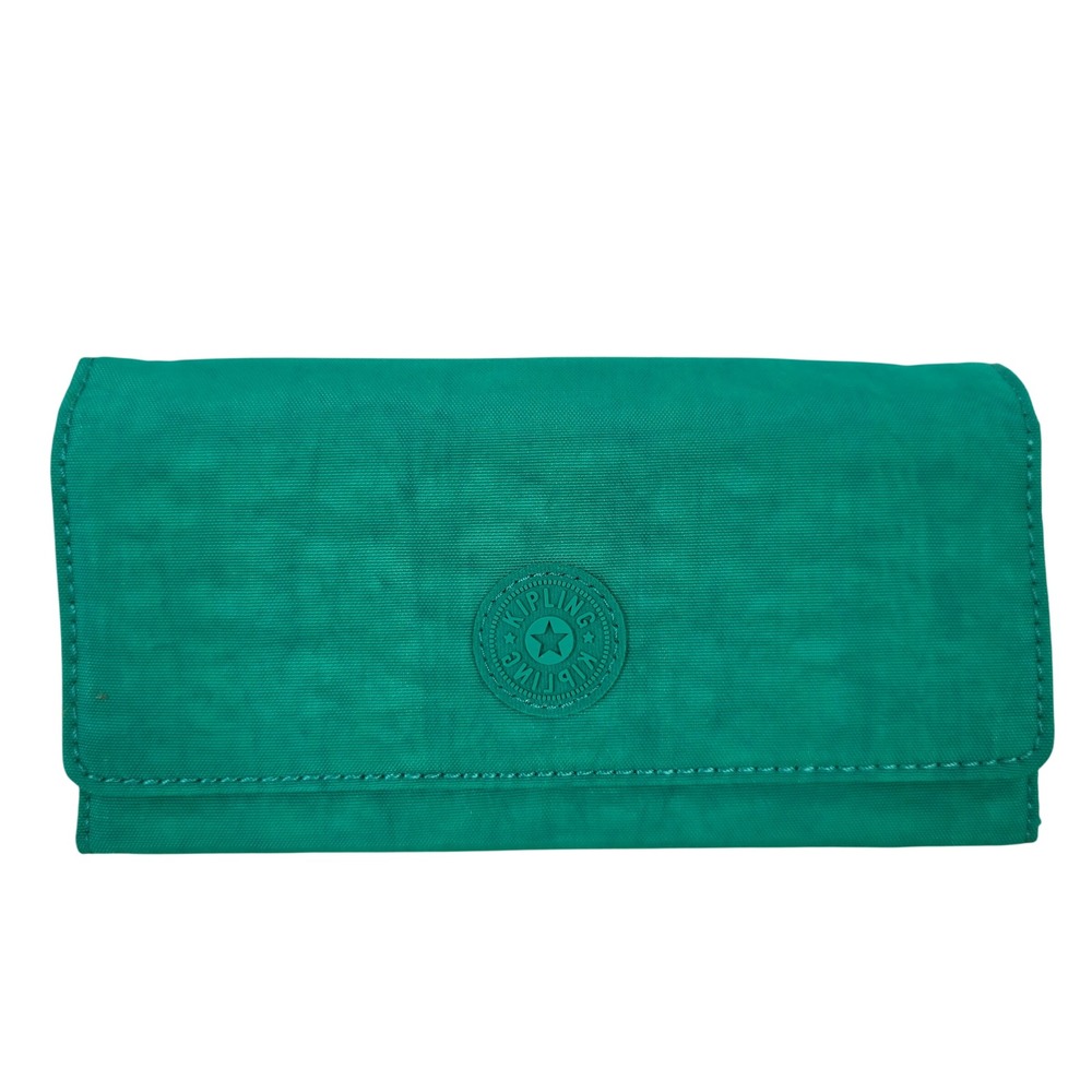 Kipling Green Crinkled Nylon Trifold Wallet Snap Closure Multiple Card Slots